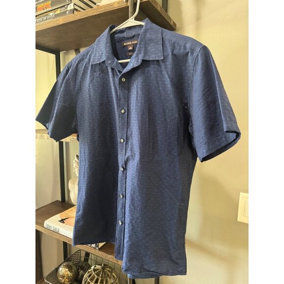 Michael Kors Slim Fit Cotton Short Sleeve Button Down Shirt Blue Mens Size Large - Picture 3 of 6